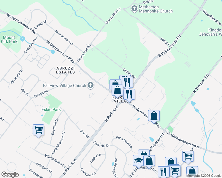 map of restaurants, bars, coffee shops, grocery stores, and more near 3019 West Germantown Pike in Norristown