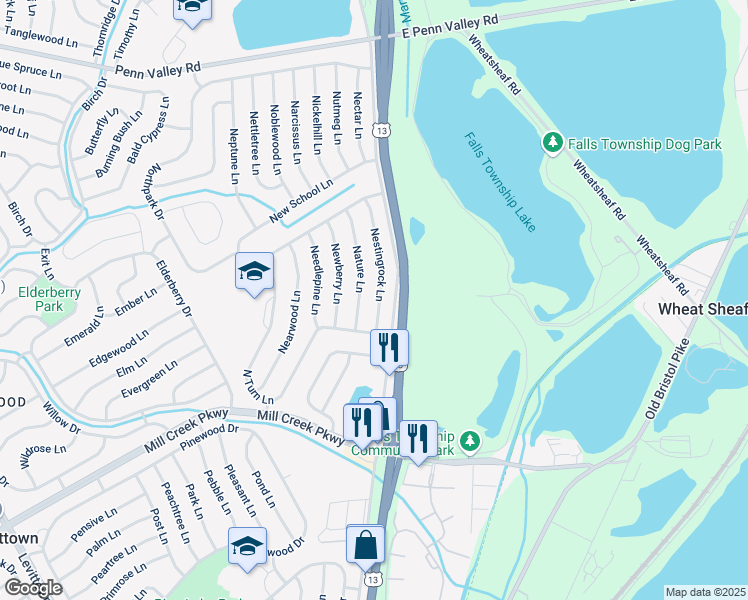 map of restaurants, bars, coffee shops, grocery stores, and more near 12 Nestingrock Lane in Levittown