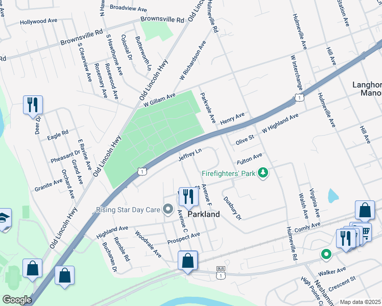 map of restaurants, bars, coffee shops, grocery stores, and more near 1005 Jeffrey Lane in Langhorne