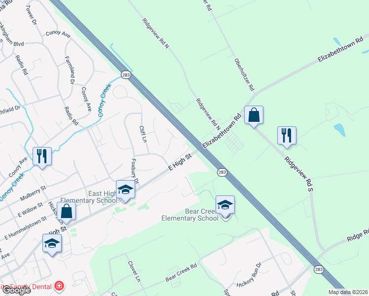 map of restaurants, bars, coffee shops, grocery stores, and more near 980 Old Elizabethtown Road in Elizabethtown