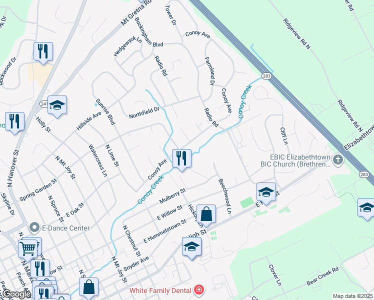 map of restaurants, bars, coffee shops, grocery stores, and more near 106 Conoy Avenue in Elizabethtown