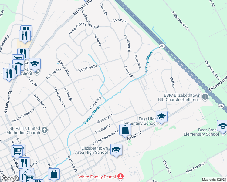 map of restaurants, bars, coffee shops, grocery stores, and more near 106 Conoy Avenue in Elizabethtown