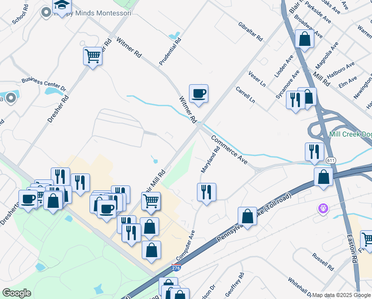 map of restaurants, bars, coffee shops, grocery stores, and more near 2417 Blair Mill Road in Willow Grove