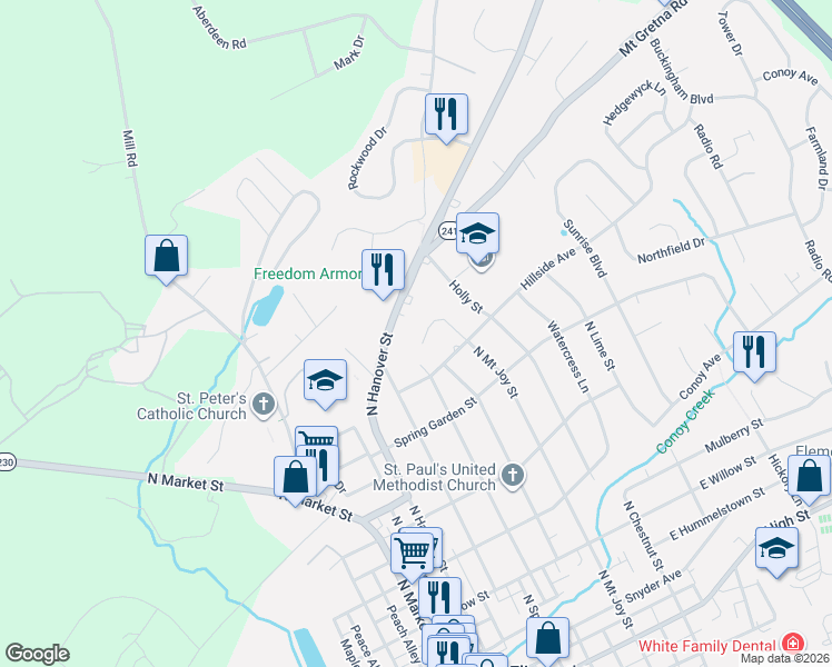 map of restaurants, bars, coffee shops, grocery stores, and more near 690 North Mount Joy Street in Elizabethtown