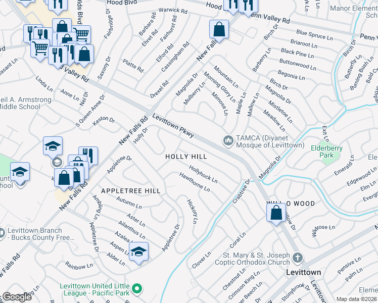 map of restaurants, bars, coffee shops, grocery stores, and more near 57 Huckleberry Lane in Levittown