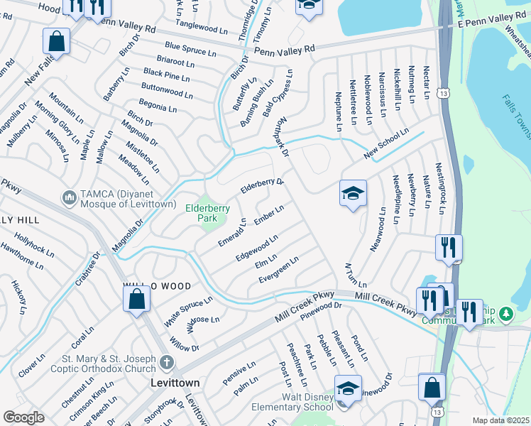 map of restaurants, bars, coffee shops, grocery stores, and more near 31 Ember Lane in Levittown