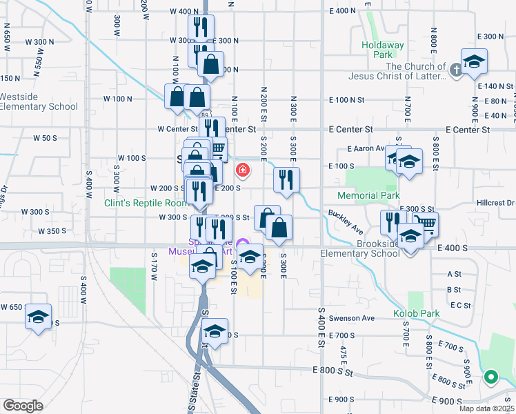 map of restaurants, bars, coffee shops, grocery stores, and more near 266 South 200 East in Springville