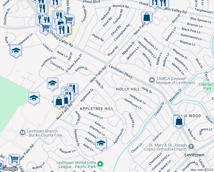 map of restaurants, bars, coffee shops, grocery stores, and more near 22 Holly Drive in Levittown