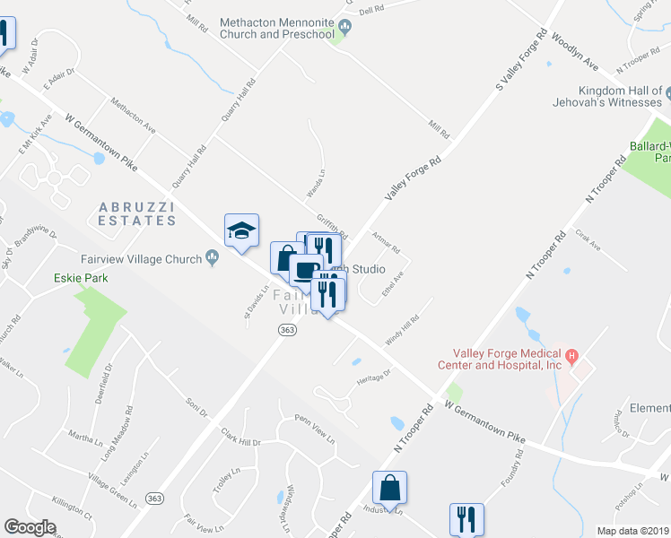 map of restaurants, bars, coffee shops, grocery stores, and more near 1020 Valley Forge Road in Norristown