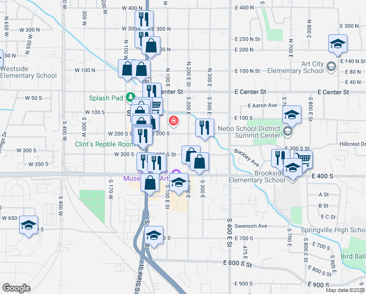 map of restaurants, bars, coffee shops, grocery stores, and more near 195 East 300 South Street in Springville