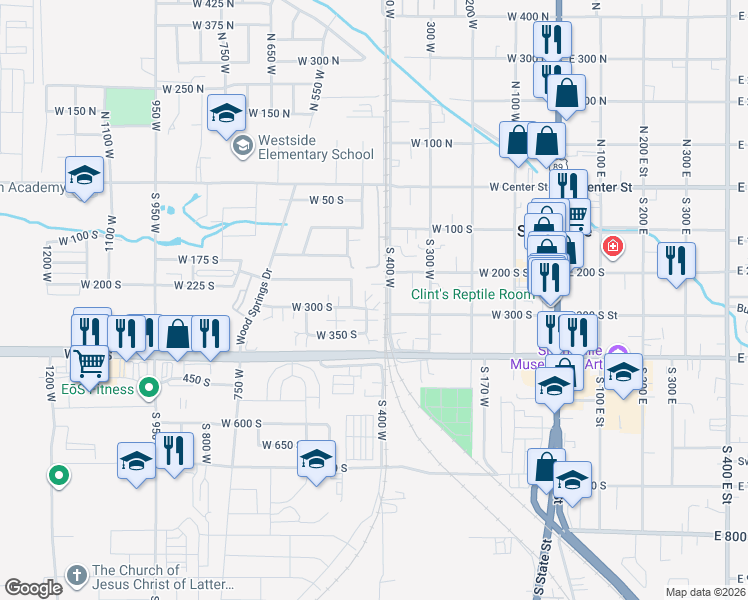 map of restaurants, bars, coffee shops, grocery stores, and more near 293 South 450 West in Springville