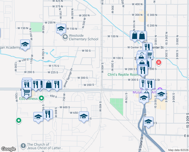 map of restaurants, bars, coffee shops, grocery stores, and more near 462 West 300 South in Springville