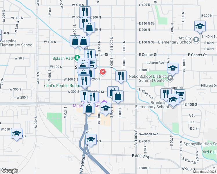 map of restaurants, bars, coffee shops, grocery stores, and more near 195 East 300 South Street in Springville