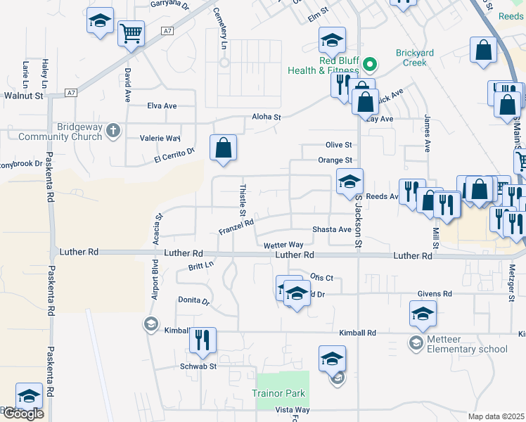map of restaurants, bars, coffee shops, grocery stores, and more near 805 Poplar Drive in Red Bluff