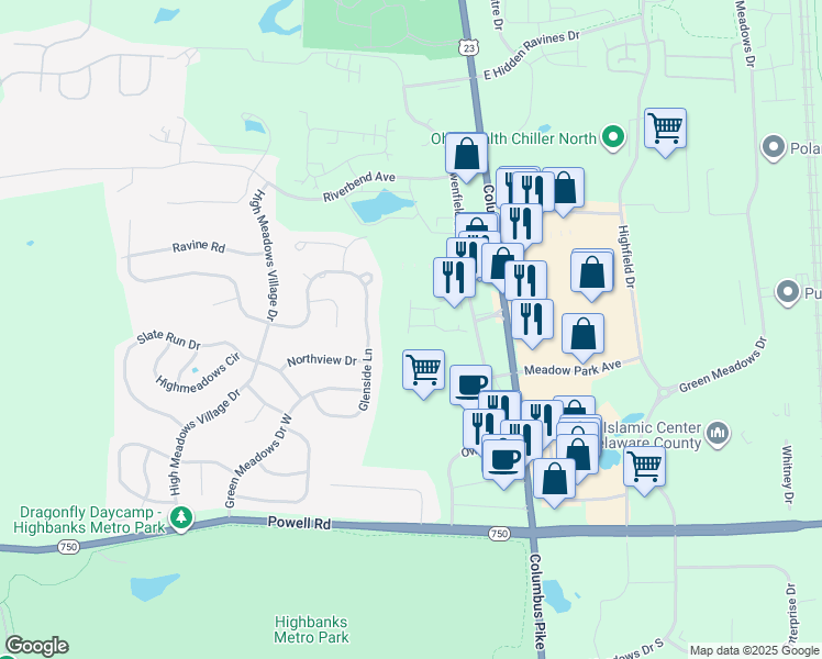 map of restaurants, bars, coffee shops, grocery stores, and more near 491 Glenside Lane in Powell