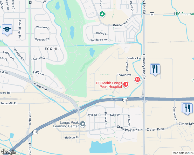 map of restaurants, bars, coffee shops, grocery stores, and more near 12057-12167 East Ken Pratt Boulevard in Longmont