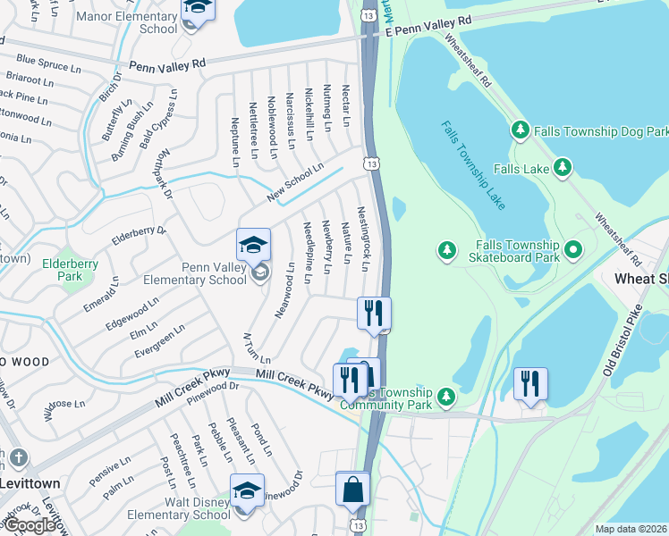 map of restaurants, bars, coffee shops, grocery stores, and more near 9 Nature Lane in Levittown