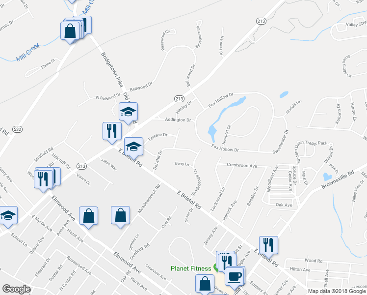 map of restaurants, bars, coffee shops, grocery stores, and more near 112 Delwhit Drive in Feasterville-Trevose