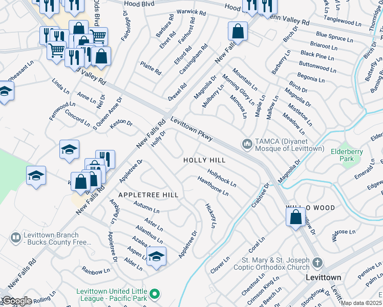 map of restaurants, bars, coffee shops, grocery stores, and more near 29 Honeysuckle Lane in Levittown