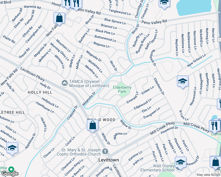map of restaurants, bars, coffee shops, grocery stores, and more near 25 East Lane in Levittown