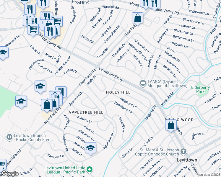 map of restaurants, bars, coffee shops, grocery stores, and more near 29 Honeysuckle Lane in Levittown