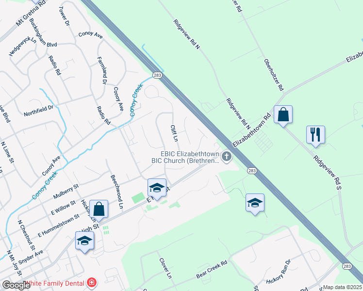 map of restaurants, bars, coffee shops, grocery stores, and more near 123 Cliff Lane in Elizabethtown