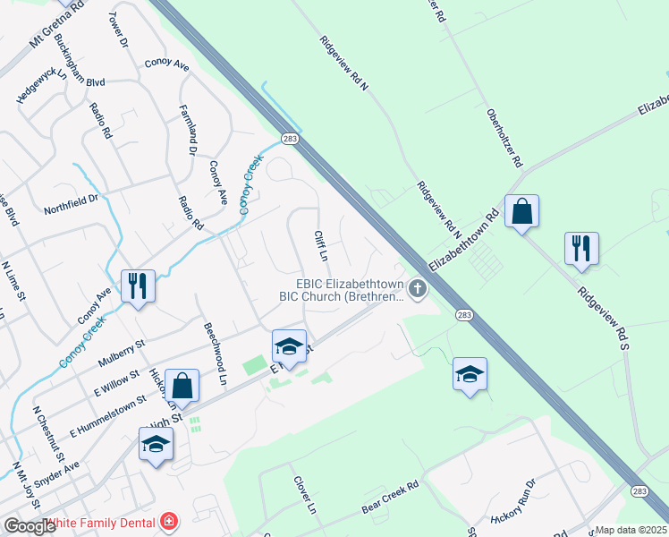 map of restaurants, bars, coffee shops, grocery stores, and more near 123 Cliff Lane in Elizabethtown