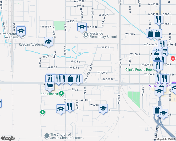 map of restaurants, bars, coffee shops, grocery stores, and more near 248 South 550 West in Springville