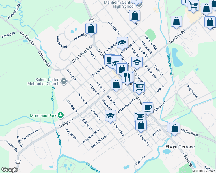 map of restaurants, bars, coffee shops, grocery stores, and more near 16 North Charlotte Street in Manheim