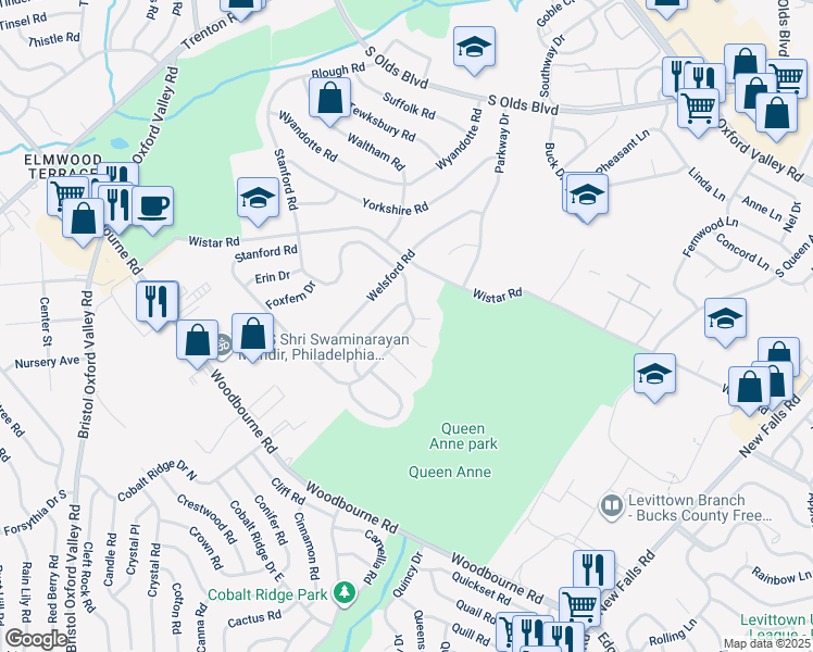 map of restaurants, bars, coffee shops, grocery stores, and more near 460 Stanford Road in Fairless Hills