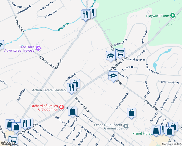 map of restaurants, bars, coffee shops, grocery stores, and more near 1940 Melissa Drive in Feasterville-Trevose