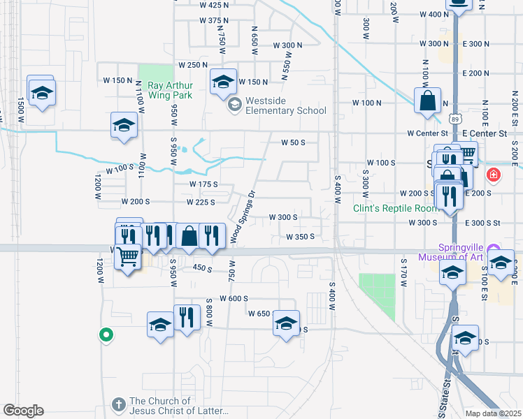 map of restaurants, bars, coffee shops, grocery stores, and more near 532 West 300 South in Springville