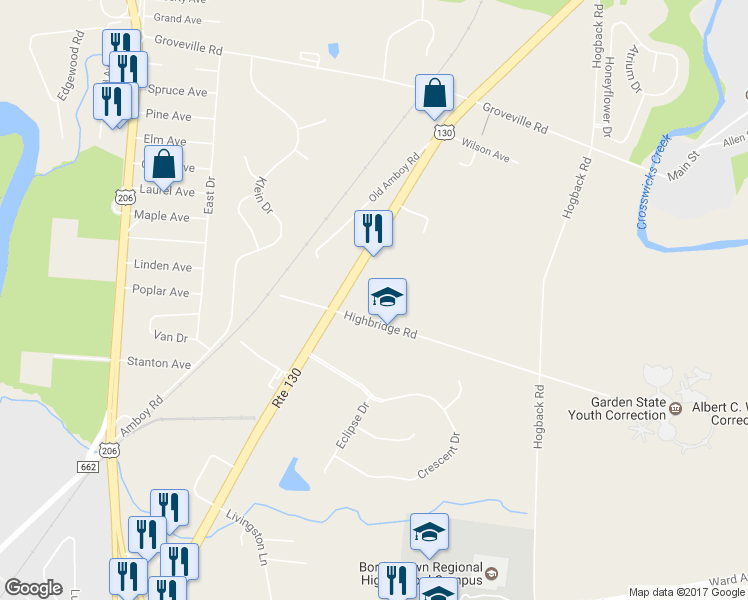 map of restaurants, bars, coffee shops, grocery stores, and more near 17 Highbridge Road in Trenton