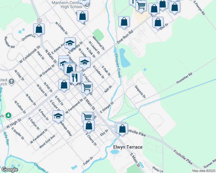 map of restaurants, bars, coffee shops, grocery stores, and more near 124 S Linden St in Manheim