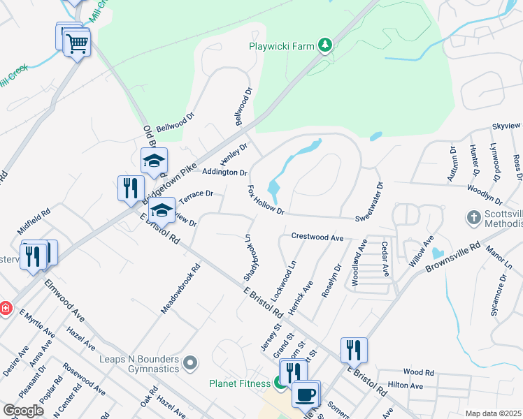 map of restaurants, bars, coffee shops, grocery stores, and more near 135 Fox Hollow Drive in Feasterville-Trevose