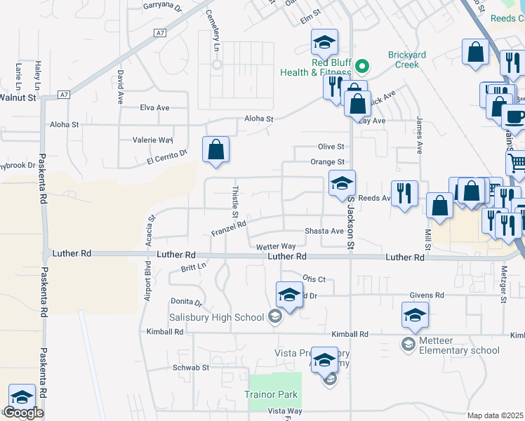 map of restaurants, bars, coffee shops, grocery stores, and more near 1152 Franzel Road in Red Bluff