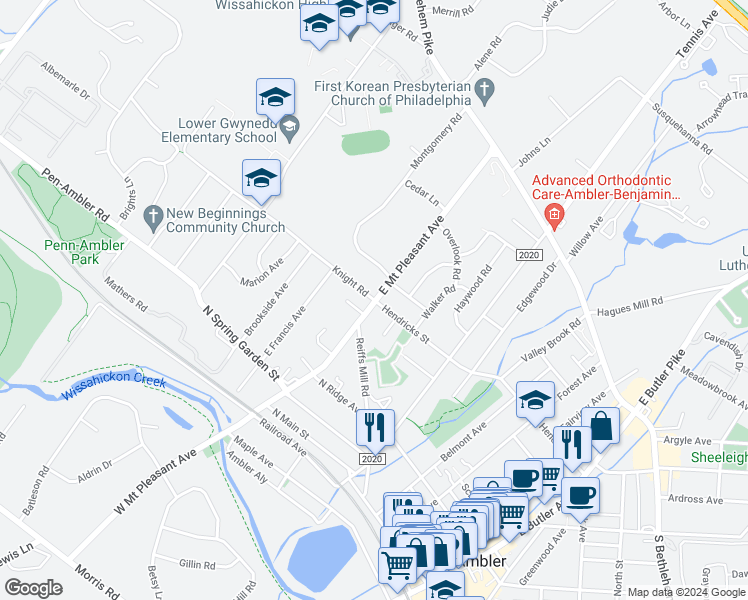 map of restaurants, bars, coffee shops, grocery stores, and more near 339 Knight Road in Ambler