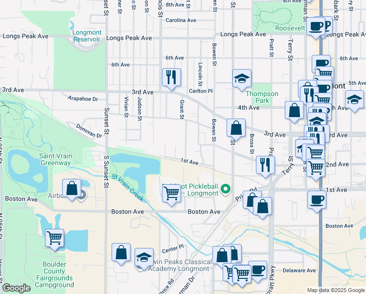 map of restaurants, bars, coffee shops, grocery stores, and more near 127 Grant Street in Longmont