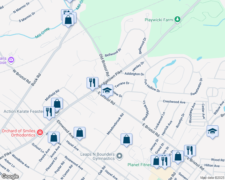 map of restaurants, bars, coffee shops, grocery stores, and more near 10 Mapleview Drive in Feasterville-Trevose