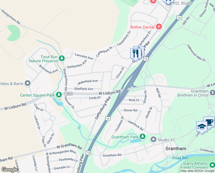 map of restaurants, bars, coffee shops, grocery stores, and more near 2418 Rye Circle in Mechanicsburg