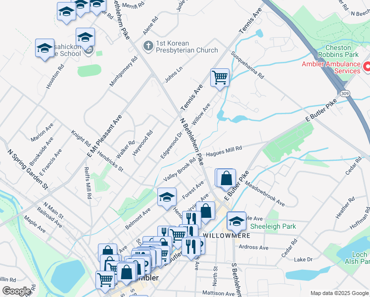 map of restaurants, bars, coffee shops, grocery stores, and more near 150 North Bethlehem Pike in Ambler