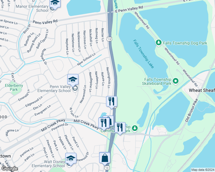 map of restaurants, bars, coffee shops, grocery stores, and more near 21 Nestingrock Lane in Levittown