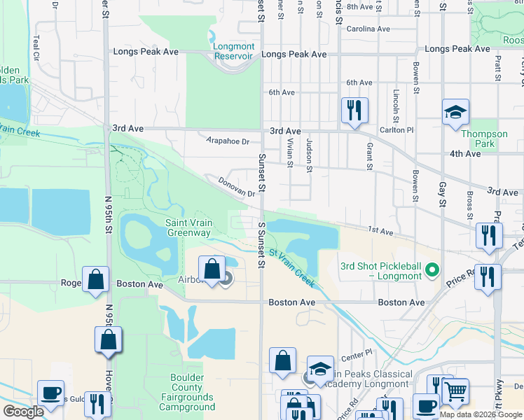 map of restaurants, bars, coffee shops, grocery stores, and more near 101 Sunset Street in Longmont