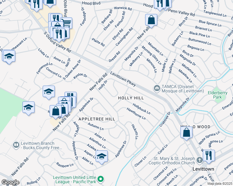 map of restaurants, bars, coffee shops, grocery stores, and more near 59 Horseshoe Lane in Levittown