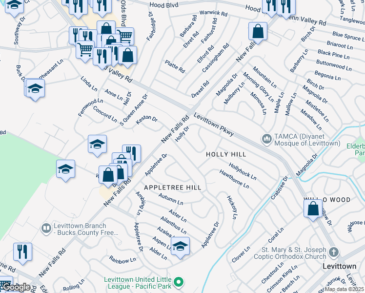 map of restaurants, bars, coffee shops, grocery stores, and more near 15 Holly Drive in Levittown