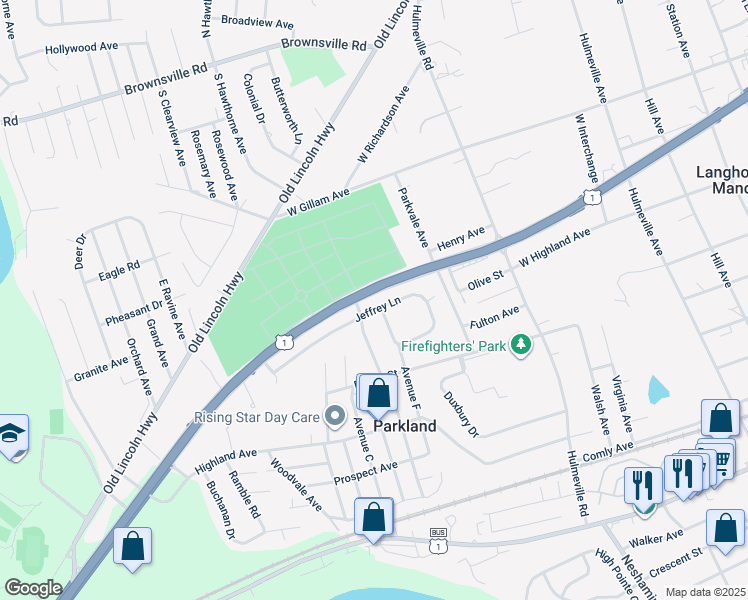 map of restaurants, bars, coffee shops, grocery stores, and more near 1005 Jeffrey Lane in Langhorne