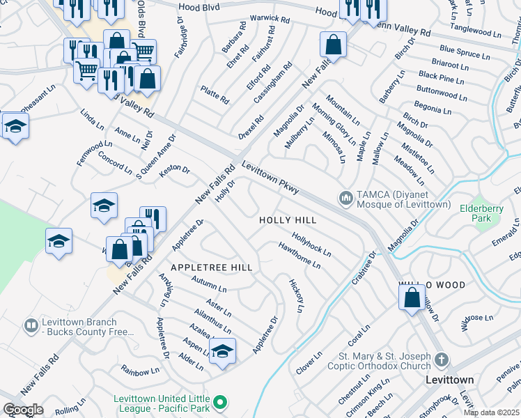 map of restaurants, bars, coffee shops, grocery stores, and more near 60 Horseshoe Lane in Levittown