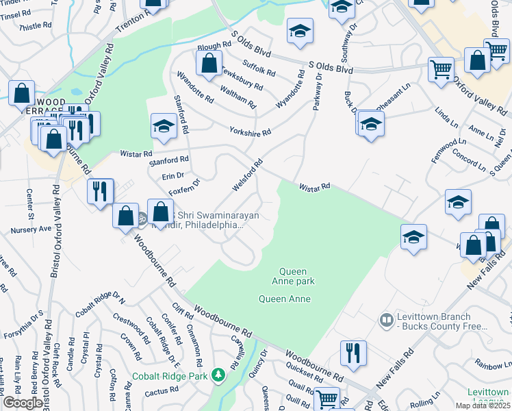 map of restaurants, bars, coffee shops, grocery stores, and more near 476 Stanford Road in Fairless Hills