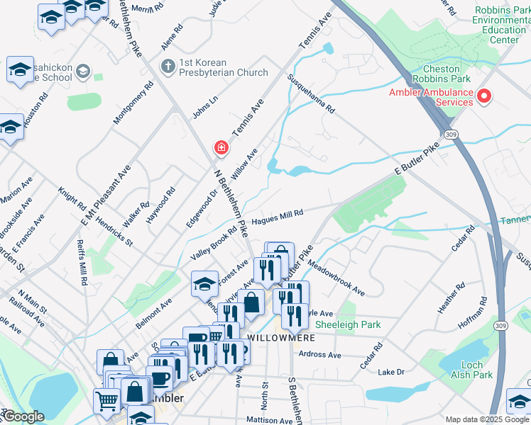map of restaurants, bars, coffee shops, grocery stores, and more near 1111 Hagues Mill Road in Ambler