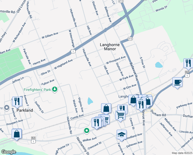 map of restaurants, bars, coffee shops, grocery stores, and more near 409 West Fairview Avenue in Langhorne